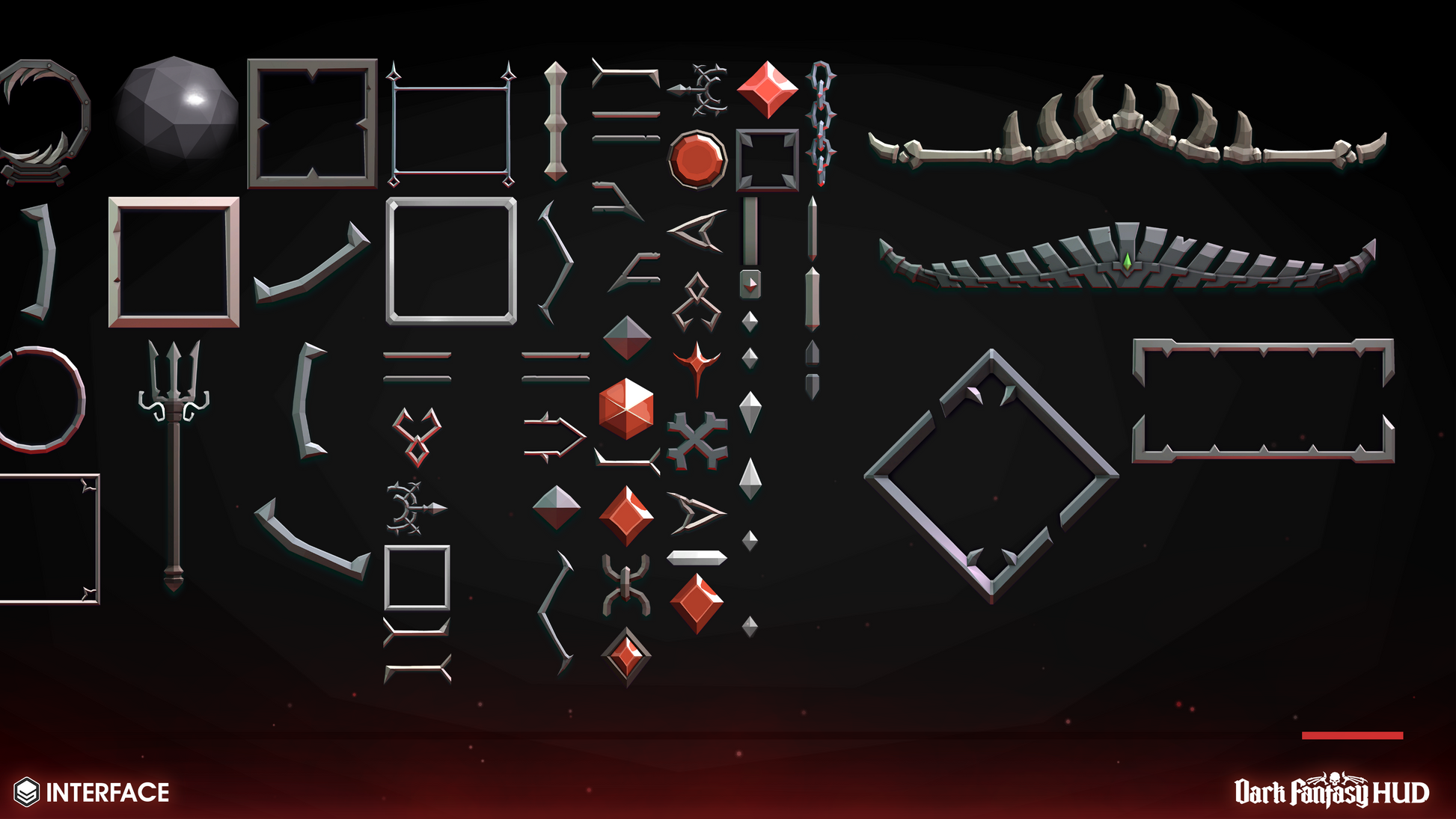 Dark fantasy interface elements and sprites on a black background
