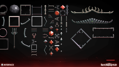 Dark fantasy interface elements and sprites on a black background
