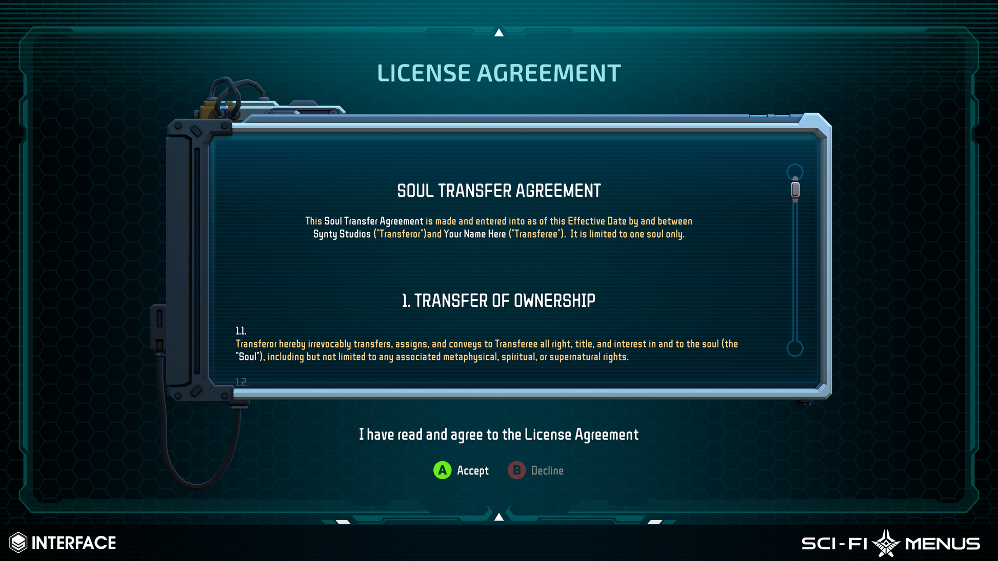 License agreement screen from a sci-fi-themed game with text and interface elements.