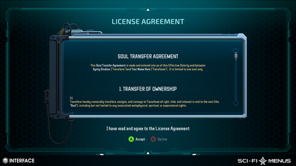 License agreement screen from a sci-fi-themed game with text and interface elements.