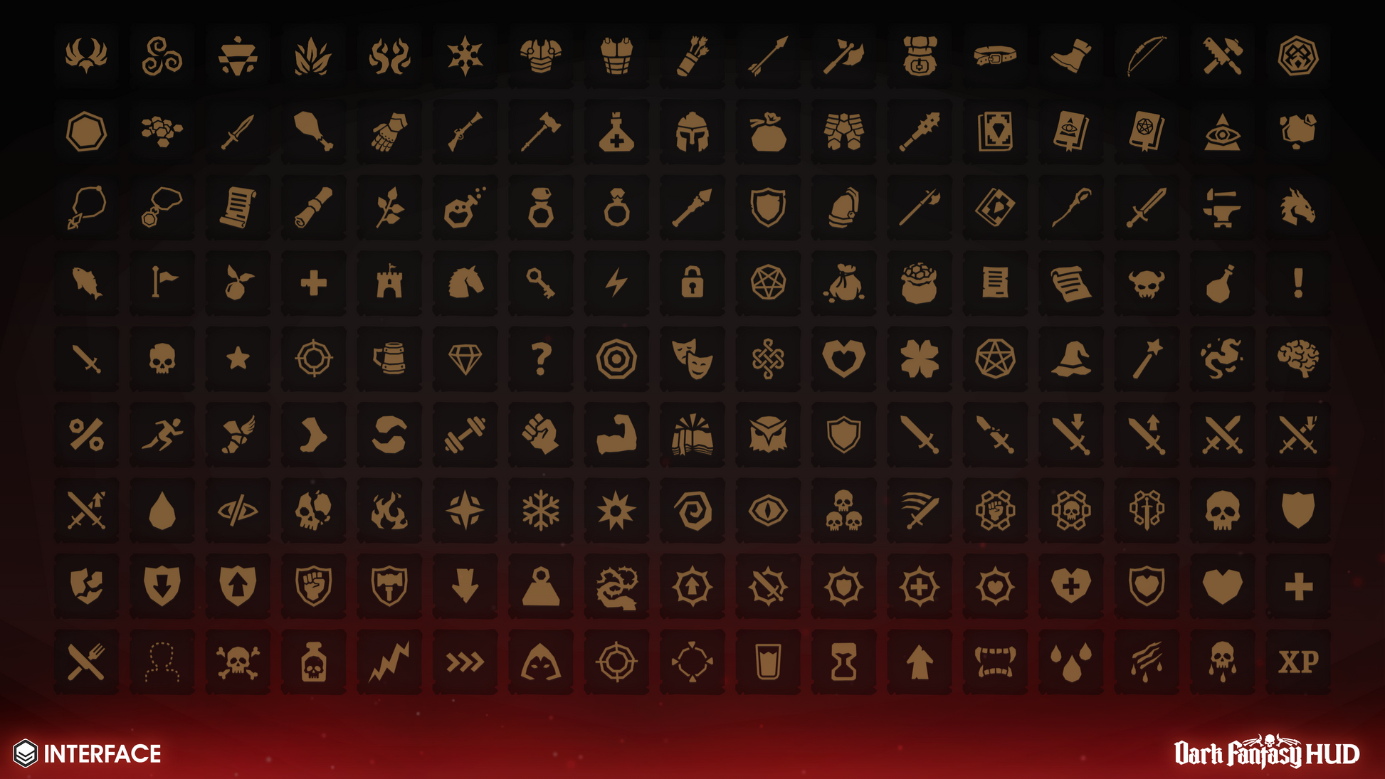 Collection of gold icons on a dark background