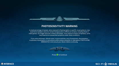 Photosensitivity warning screen with text and interface elements on a blue background