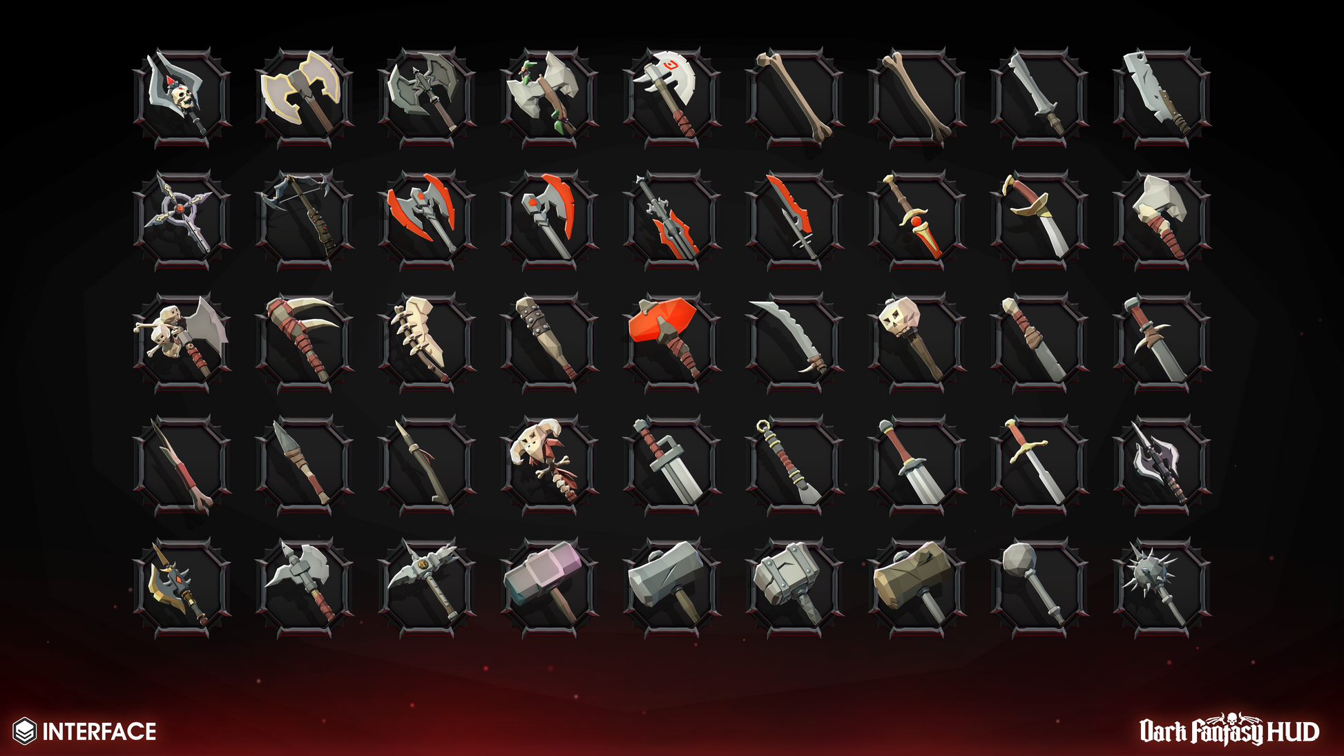 Collection of various weapons displayed in a grid on a dark background
