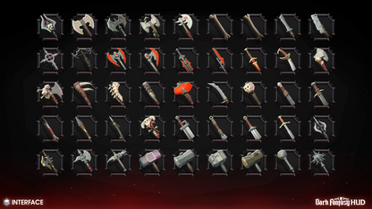 Collection of various weapons displayed in a grid on a dark background