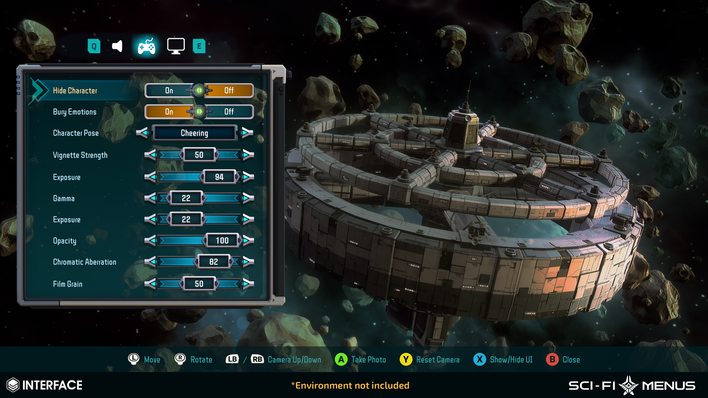 Sci-fi menu interface for customising game options with spaceship in asteroid field background