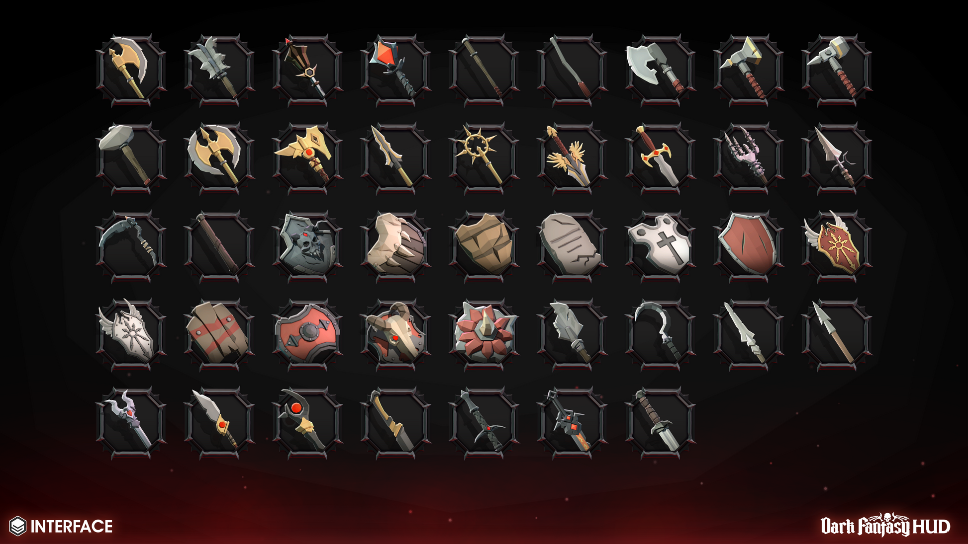 Collection of game interface weapon elements on a dark background