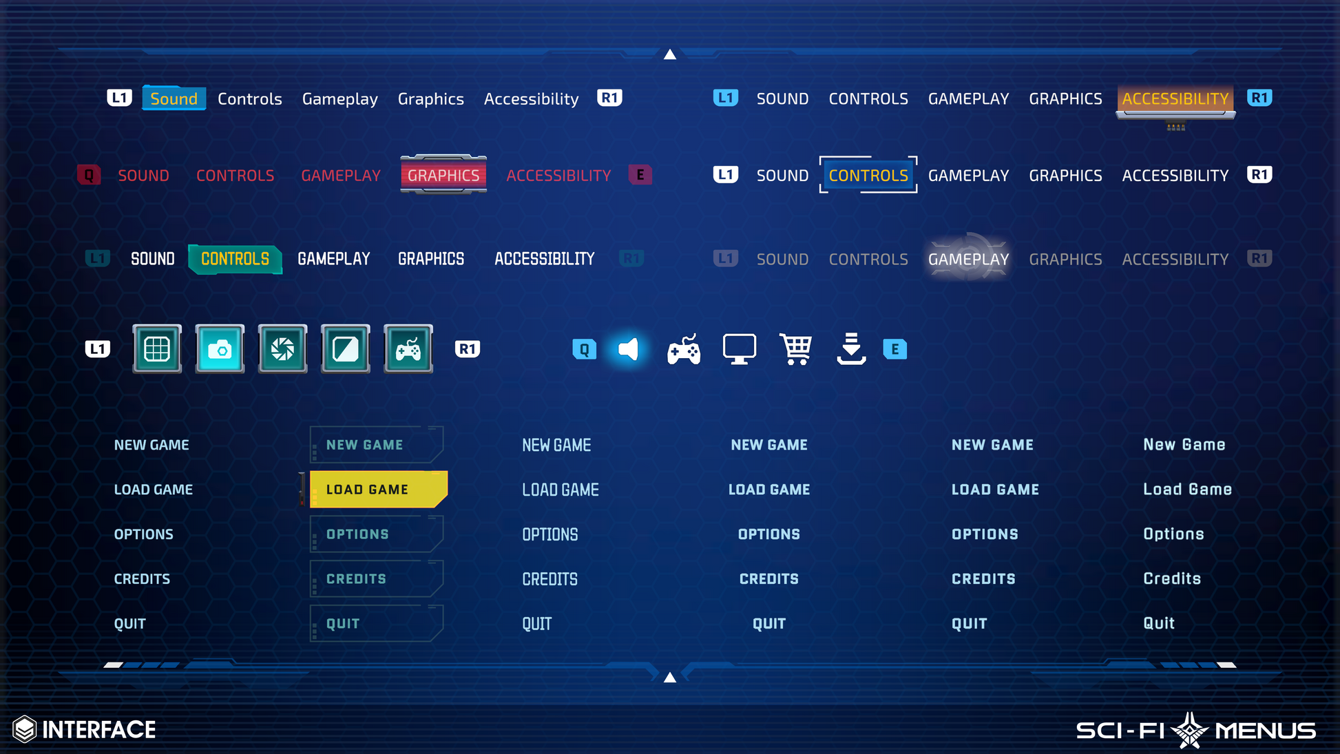 Game menu interface with various button components