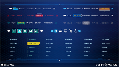 Game menu interface with various button components