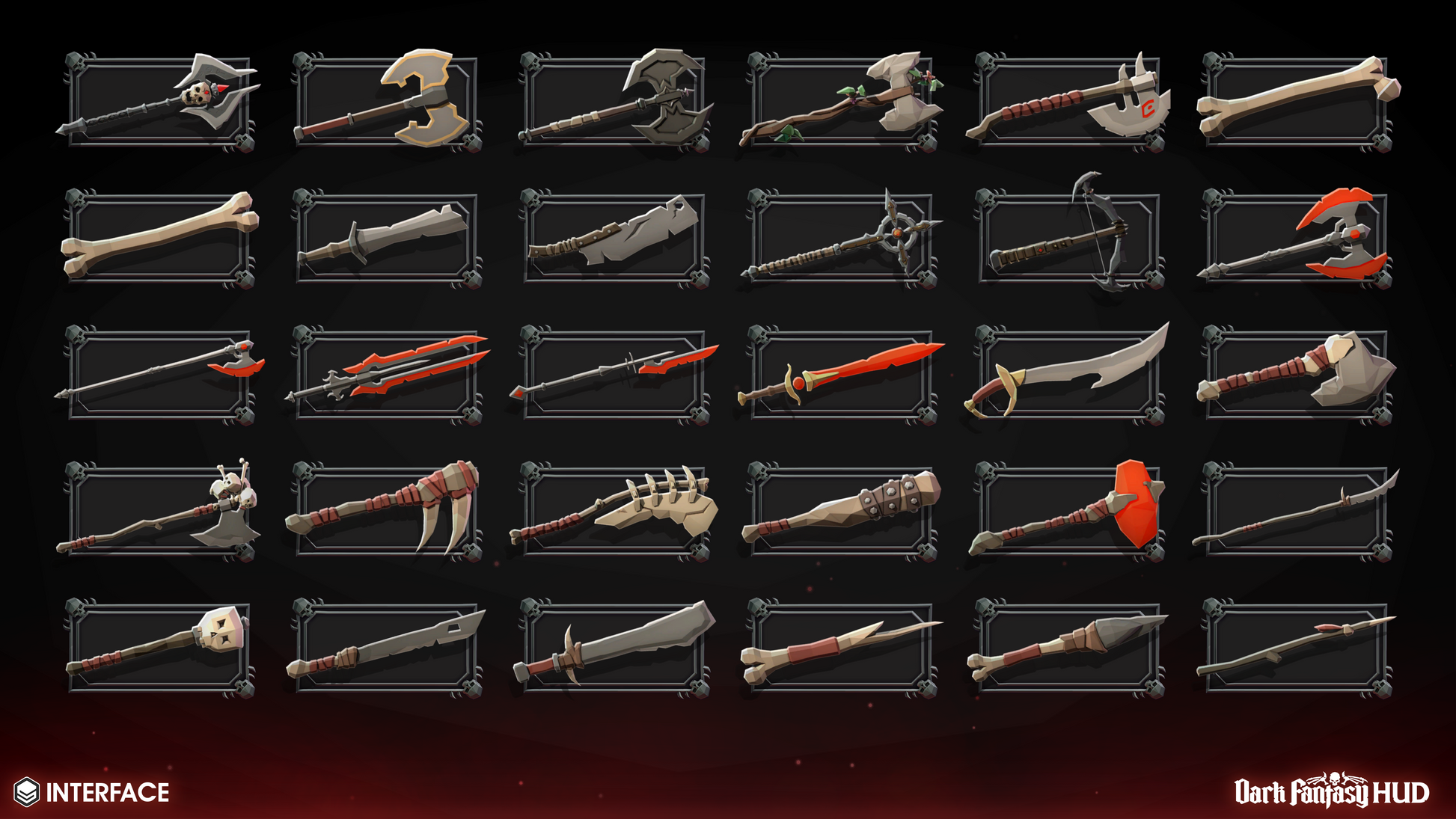 Collection of various fantasy weapons displayed in clear cases on a dark background.