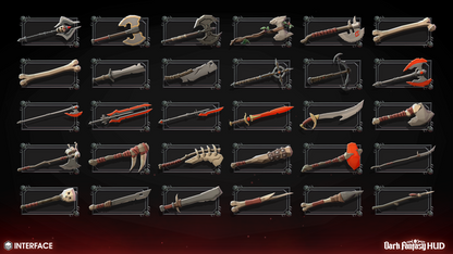 Collection of various fantasy weapons displayed in clear cases on a dark background.