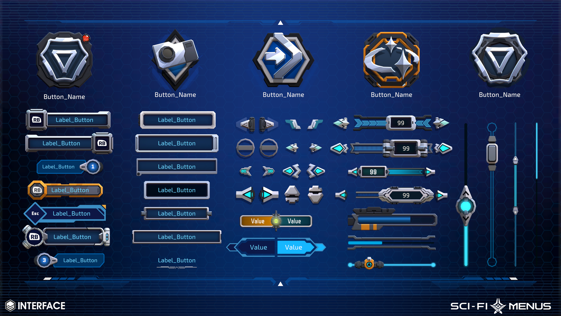 Interface design with various buttons and elements on a blue background