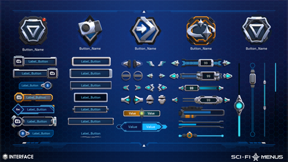 Interface design with various buttons and elements on a blue background