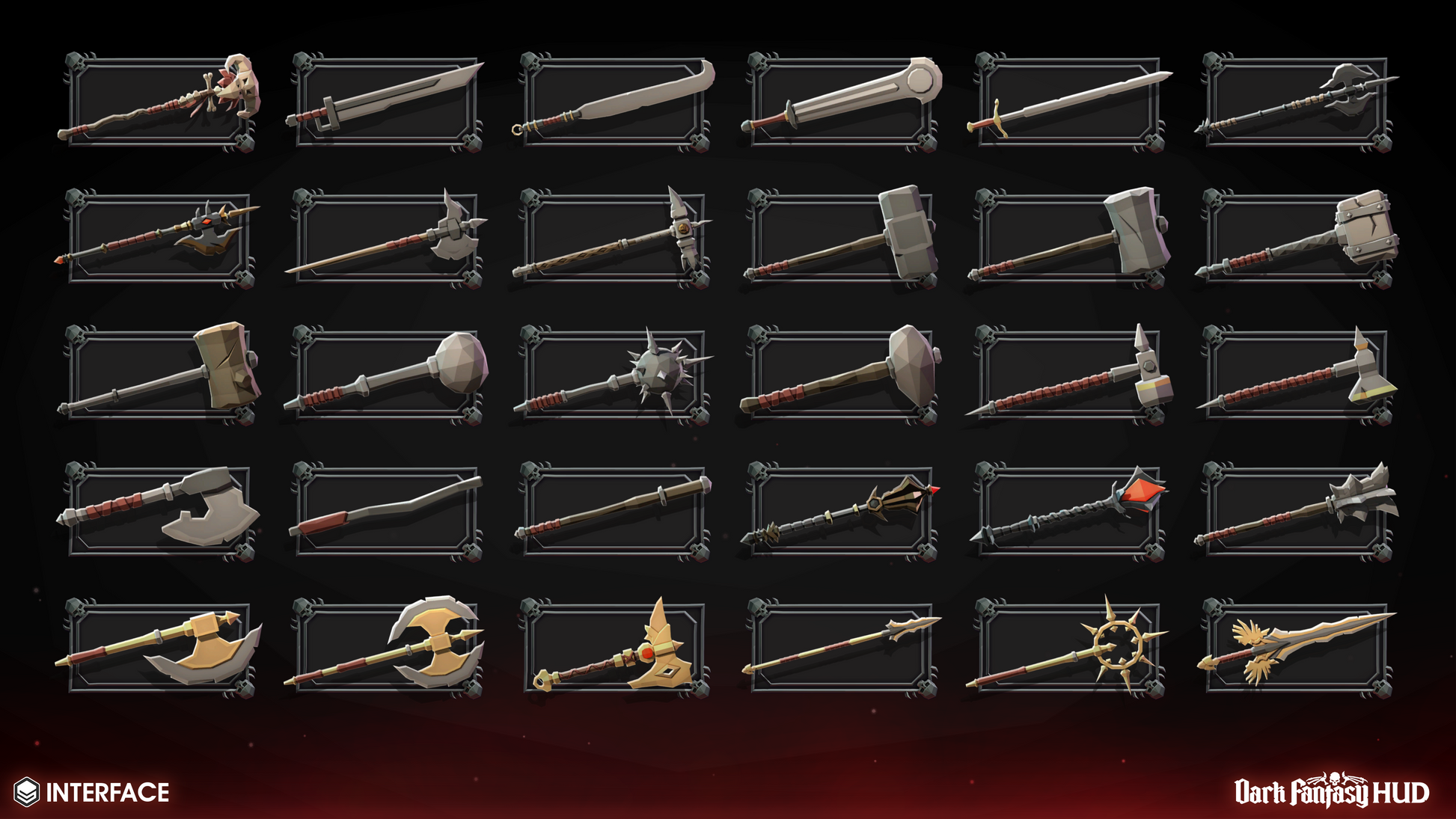 Collection of various 3D weapons displayed in clear cases on a dark background
