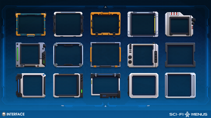Collection of sci-fi interface frame icons on a blue background