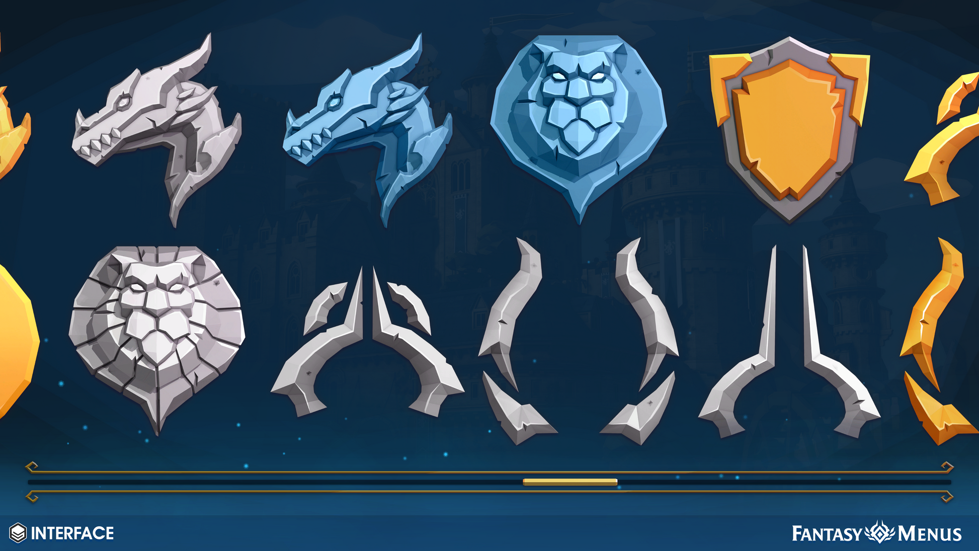 2D sprites of dragons and lions for creating crests and unique icons in fantasy game menus