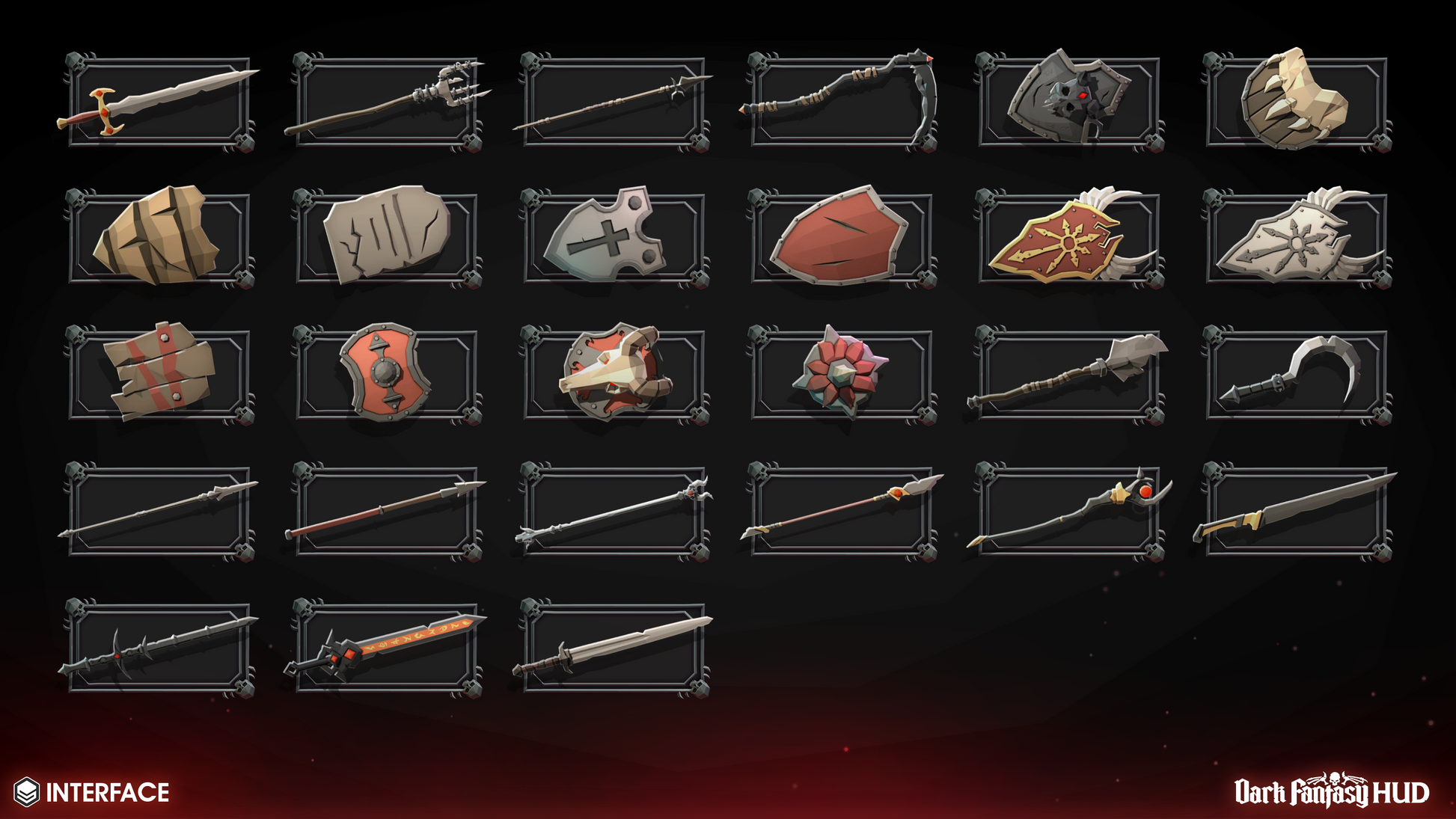 Collection of game interface items including weapons and armor on a dark background