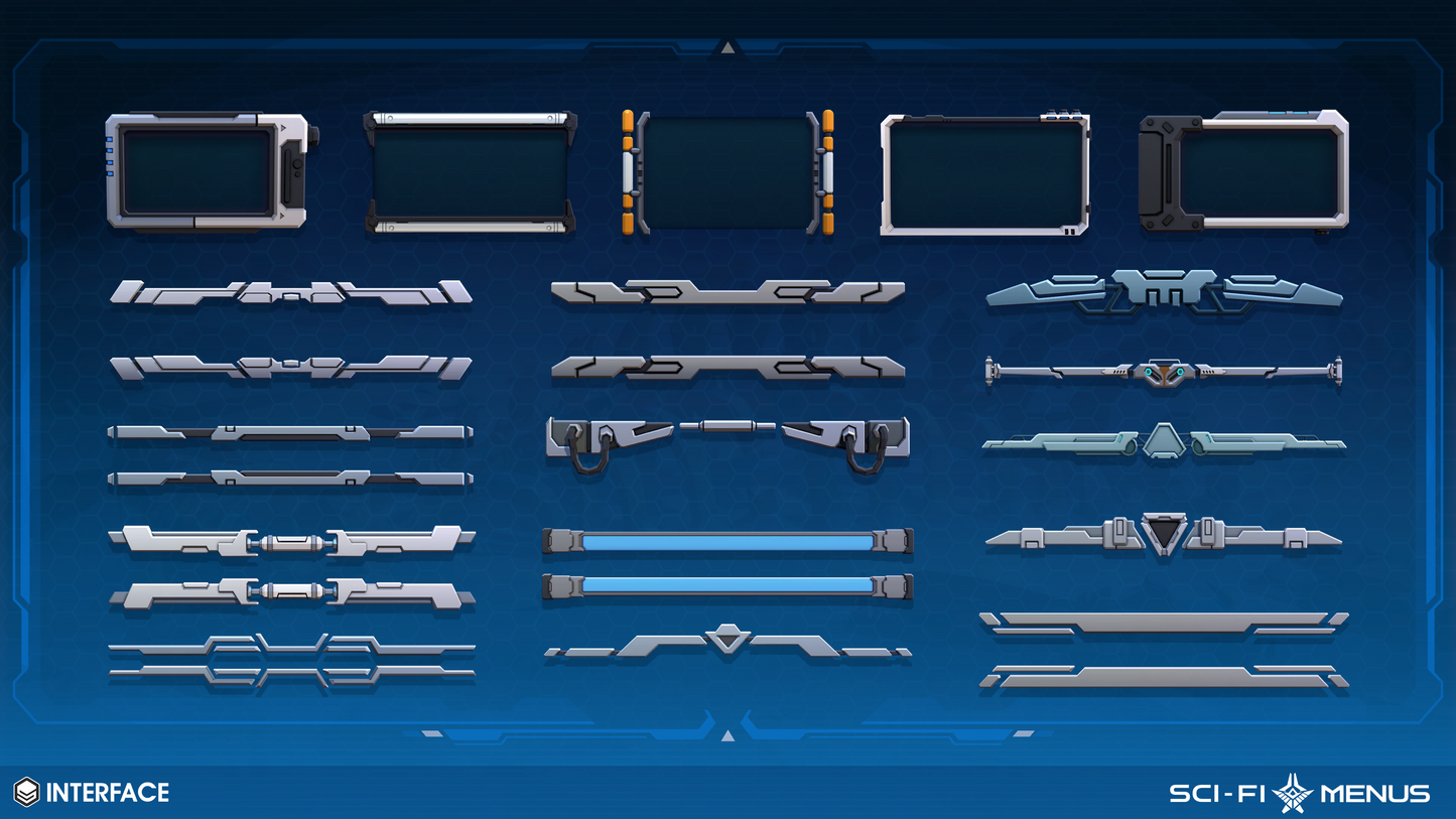 Sci-fi game UI frame components on a dark blue background