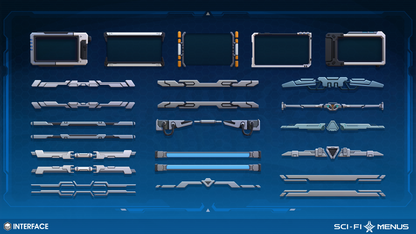 Sci-fi game UI frame components on a dark blue background