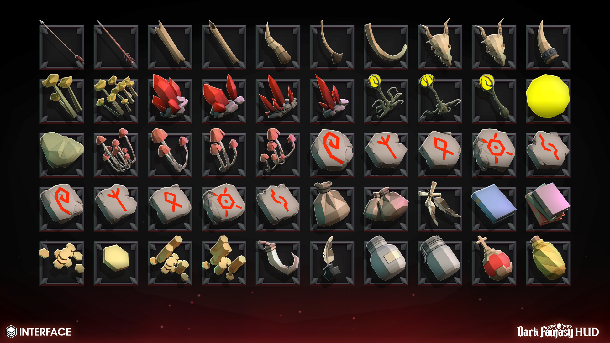 Collection of game interface elements including icons and symbols on a dark background