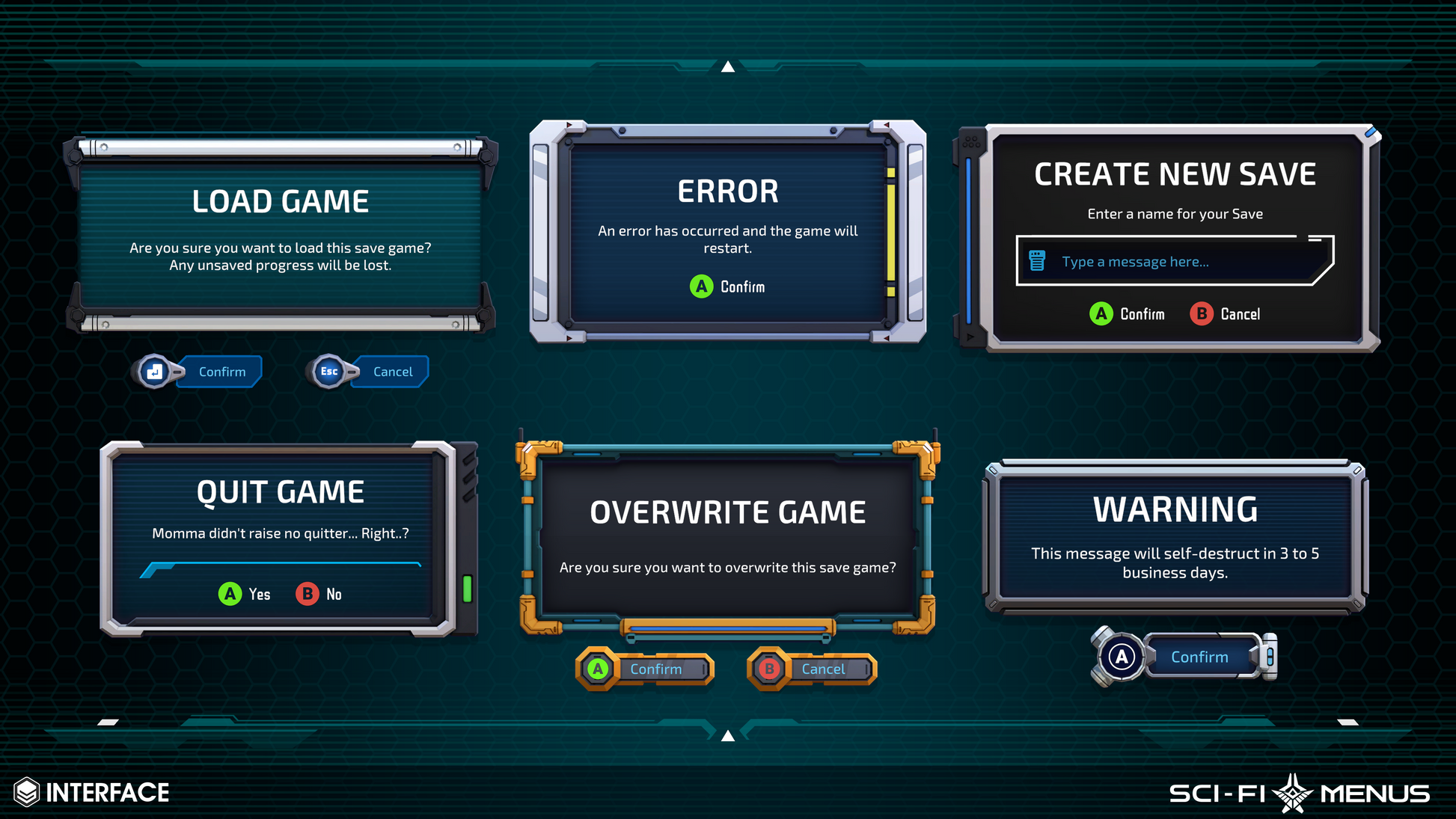 Game interface with error, warning, and save popup menu options