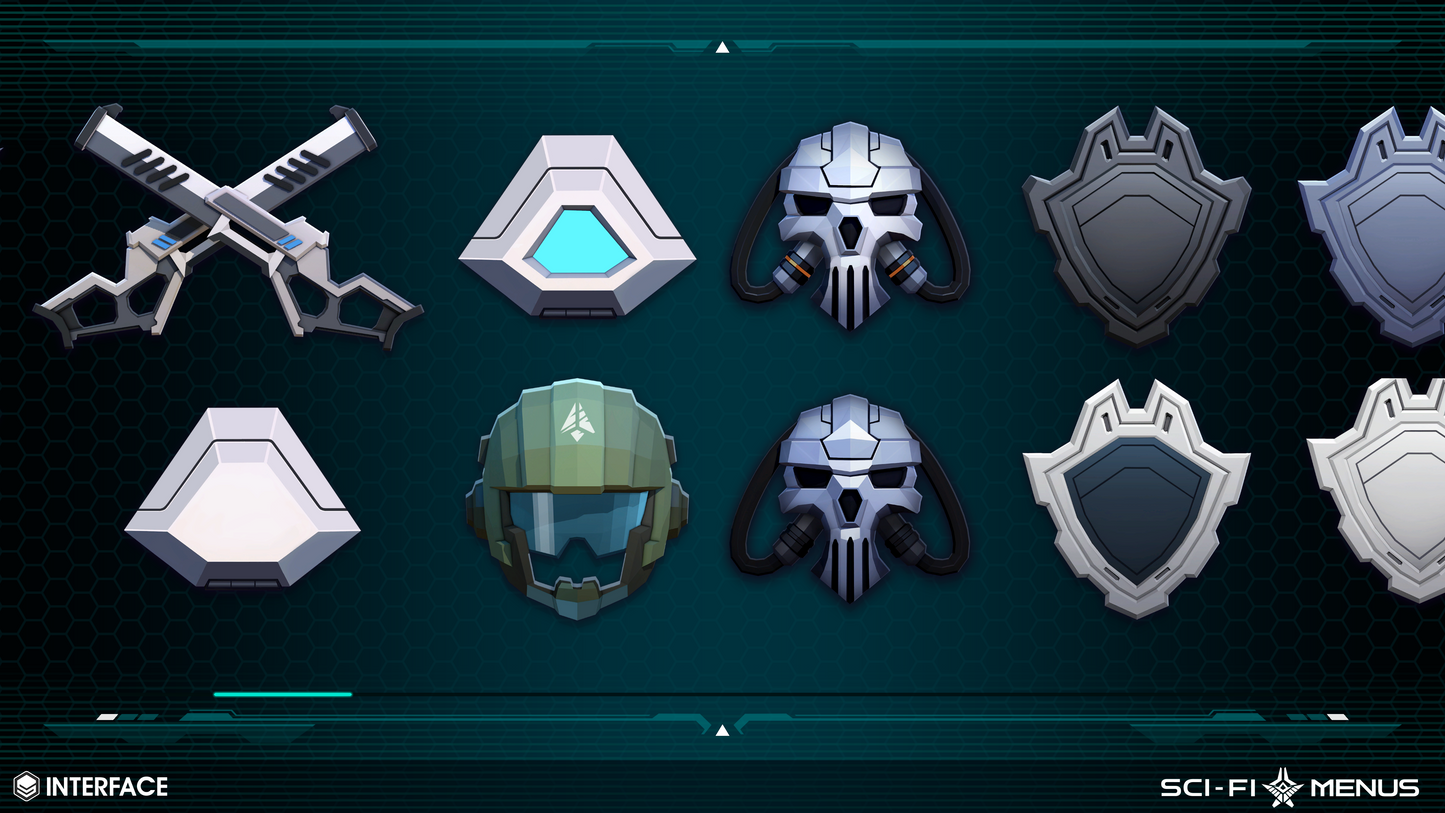 Sci-fi master sprite interface elements including helmets, shields, and weapon symbols