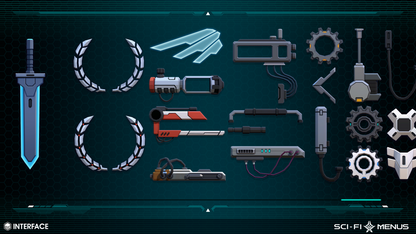 Sci-fi menu UI master sprites  including weapons, gears and machinery