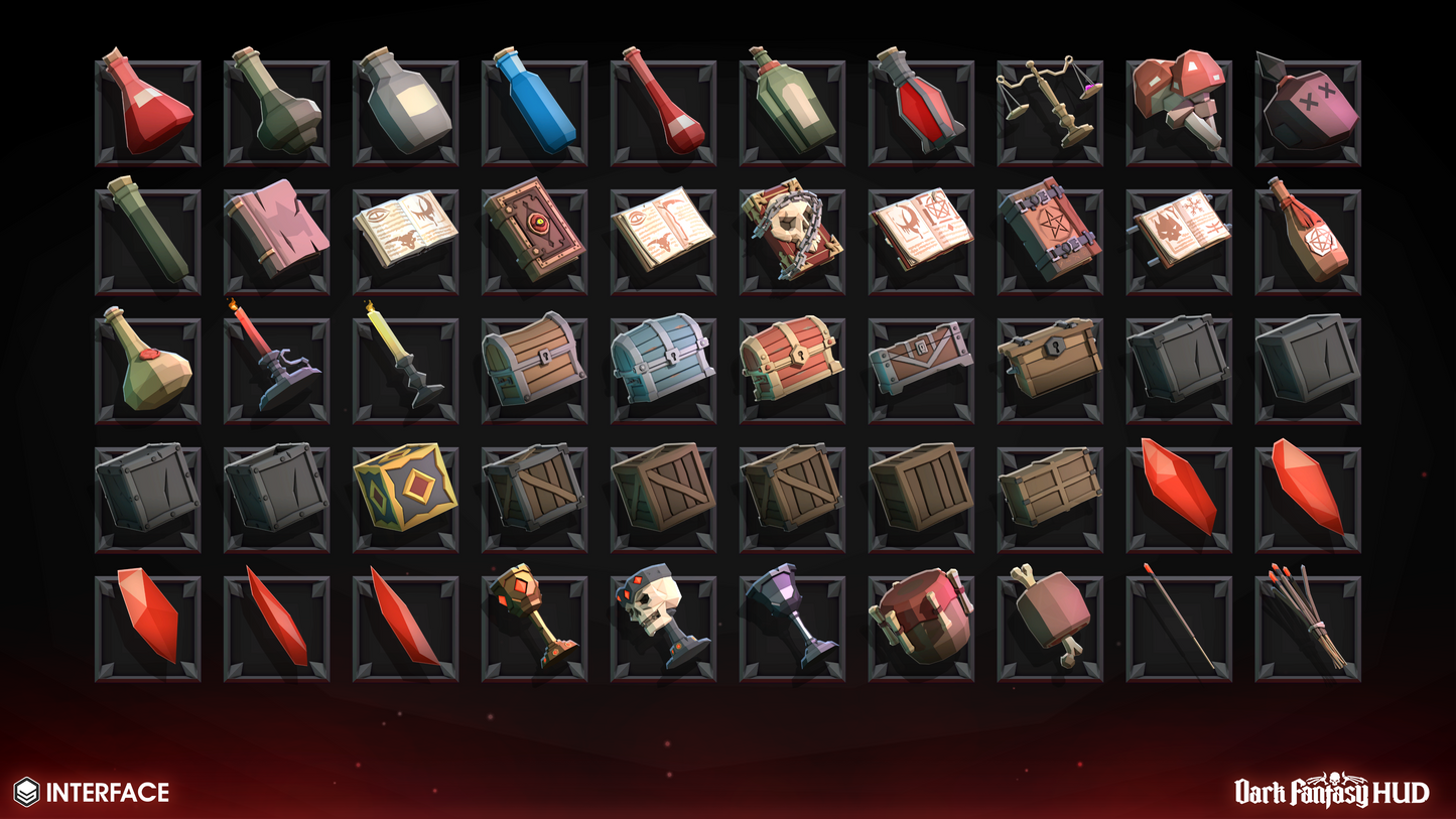 Collection of various dark fantasy items displayed in a grid on a dark background