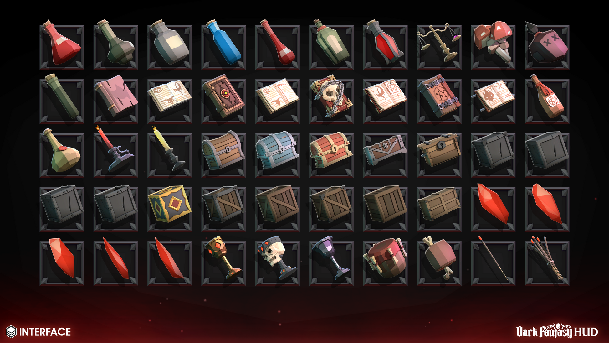 Collection of various dark fantasy items displayed in a grid on a dark background