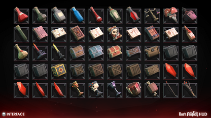 Collection of various dark fantasy items displayed in a grid on a dark background