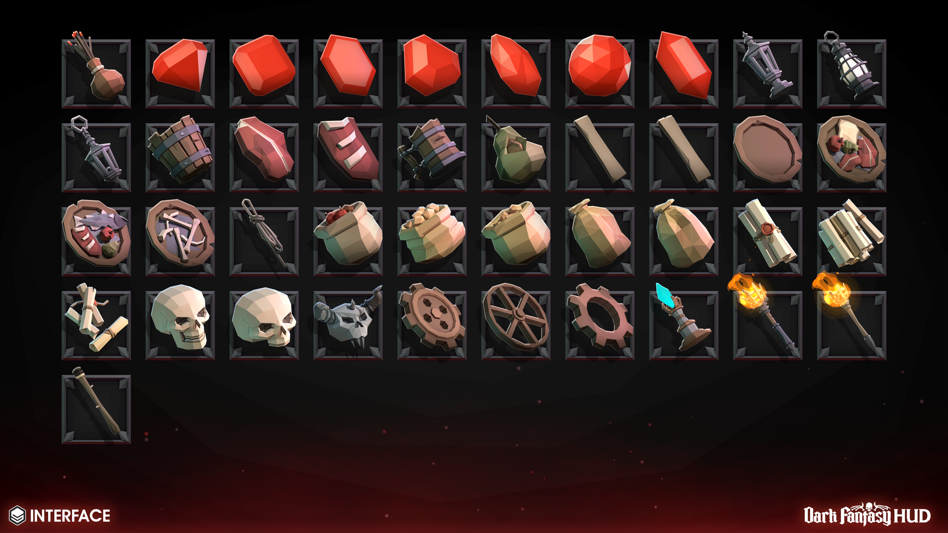 Collection of game interface items including weapons, tools, and resources on a dark background.