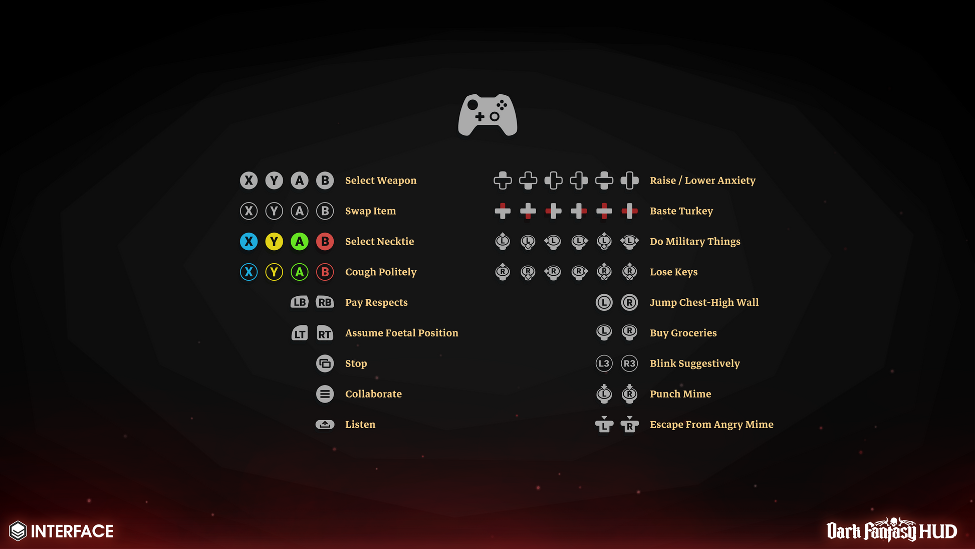 Xbox game interface with various options and icons for dark fantasy game development