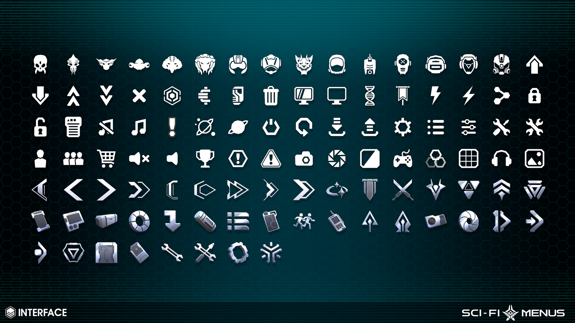Collection of various sci-fi menu interface icons on a dark background