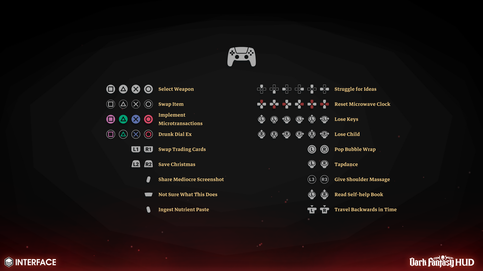 Playstation game interface with various options and icons for dark fantasy game development