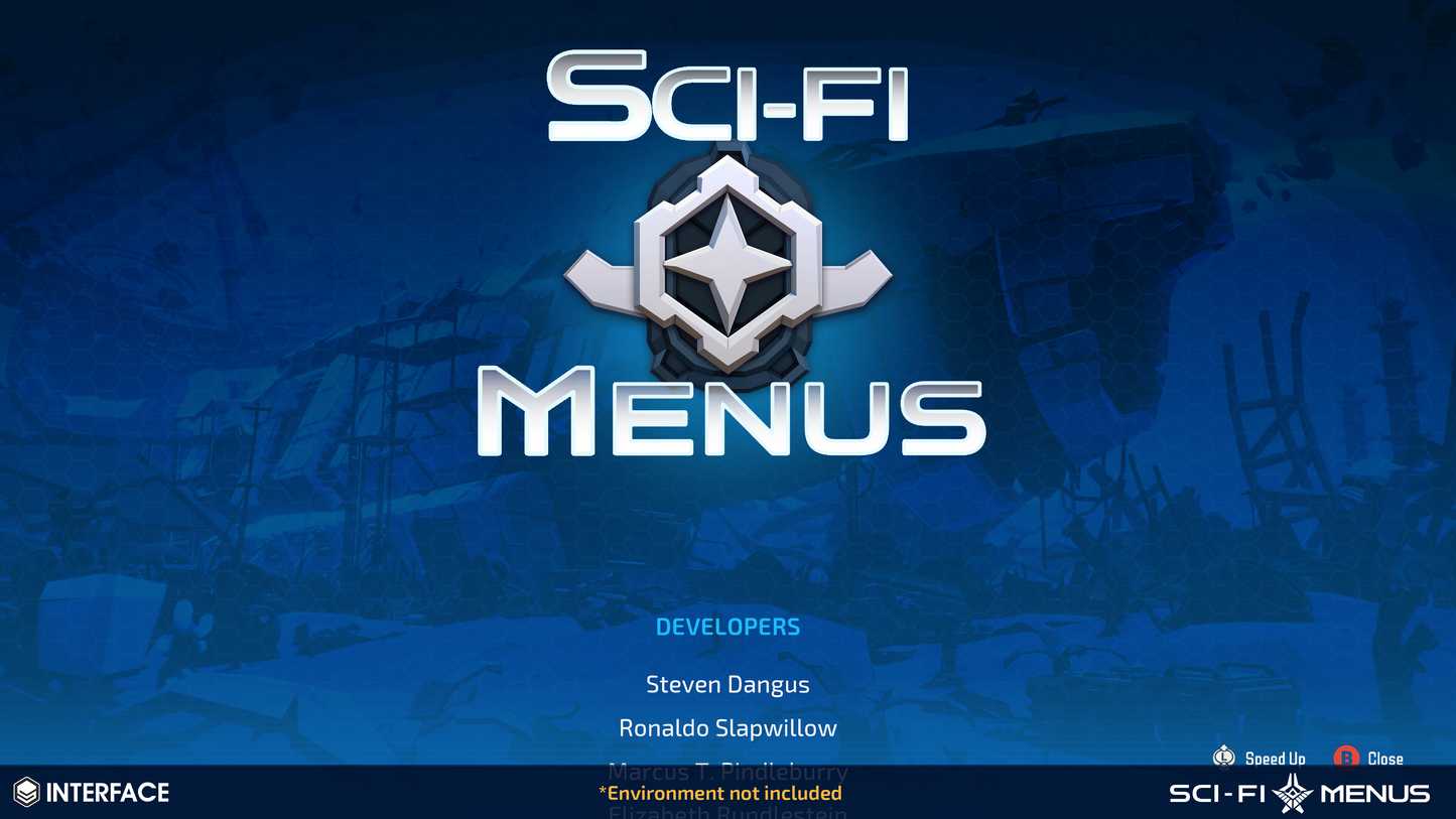 Sci-fi game menu credits title screen