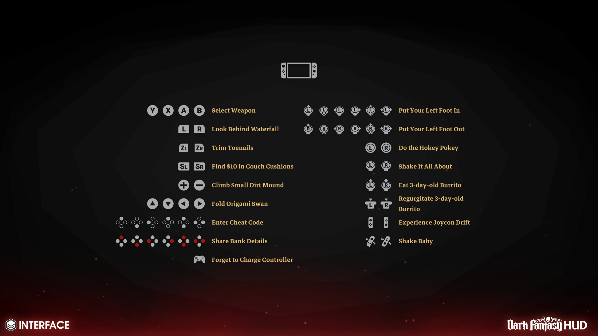 Nintendo Switch game interface with various options and icons for dark fantasy game development