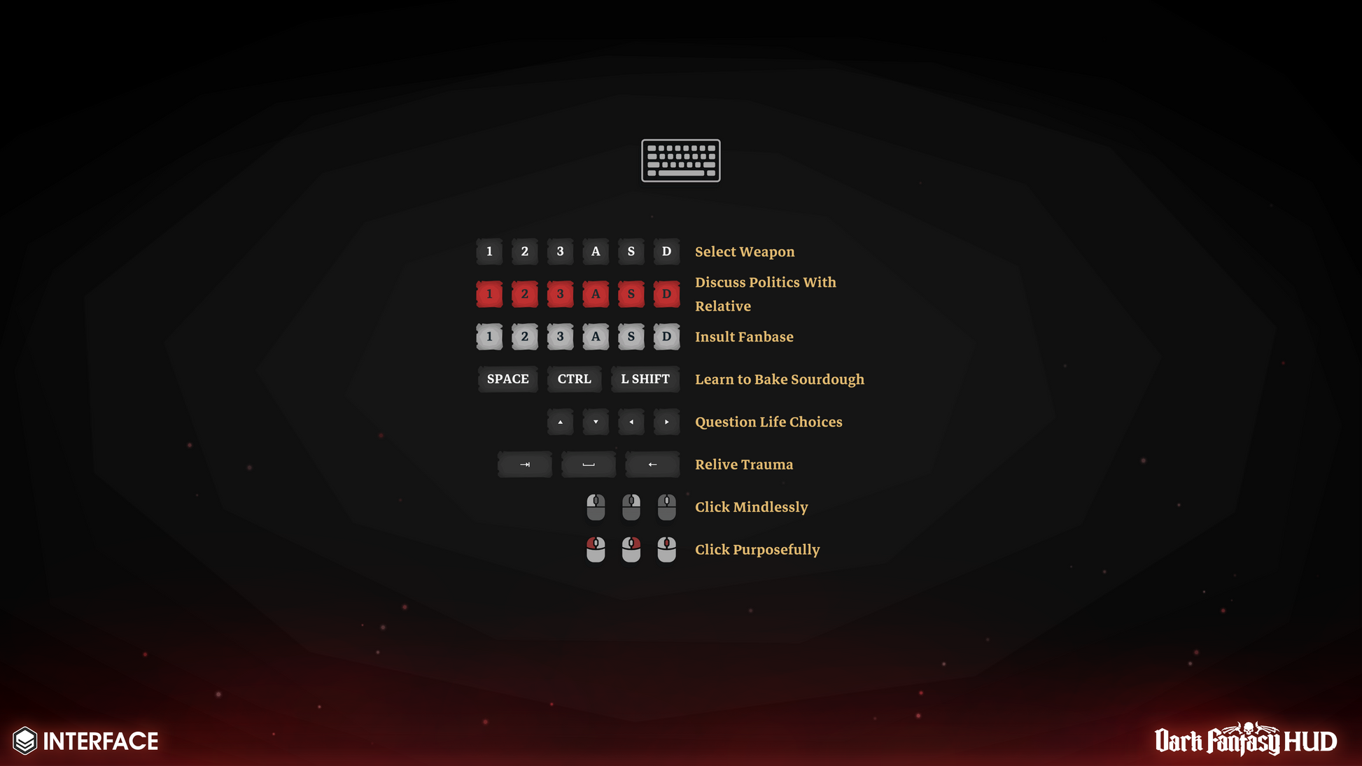 PC keyboard and mouse game interface with various options and icons for dark fantasy game development