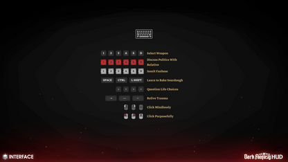 PC keyboard and mouse game interface with various options and icons for dark fantasy game development