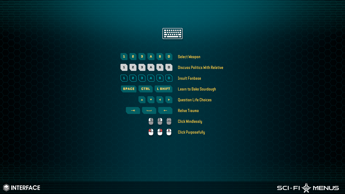 Keyboard and mouse inputs from the INTERFACE Sci-FI Menus 3D asset pack