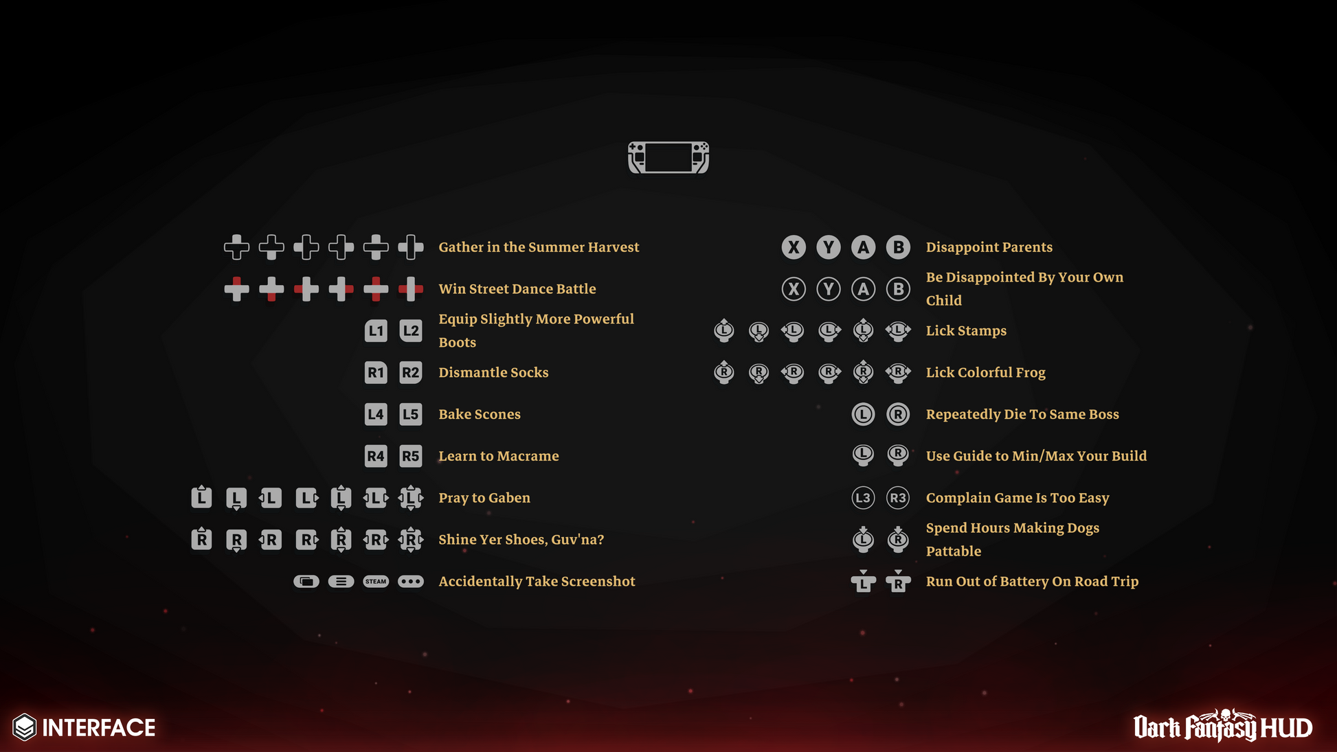 Steam Deck game interface with various options and icons for dark fantasy game development