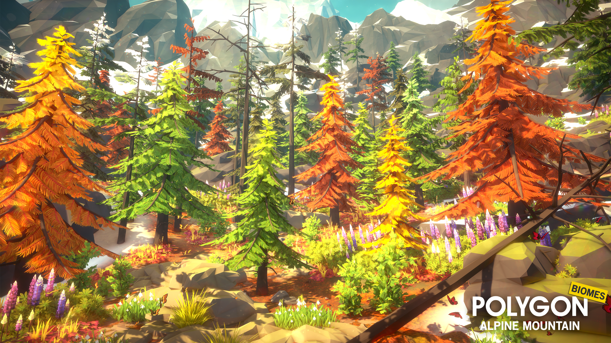 Trees on a slope below snowy mountains designed with the POLYGON Alpine Mountain game asset pack
