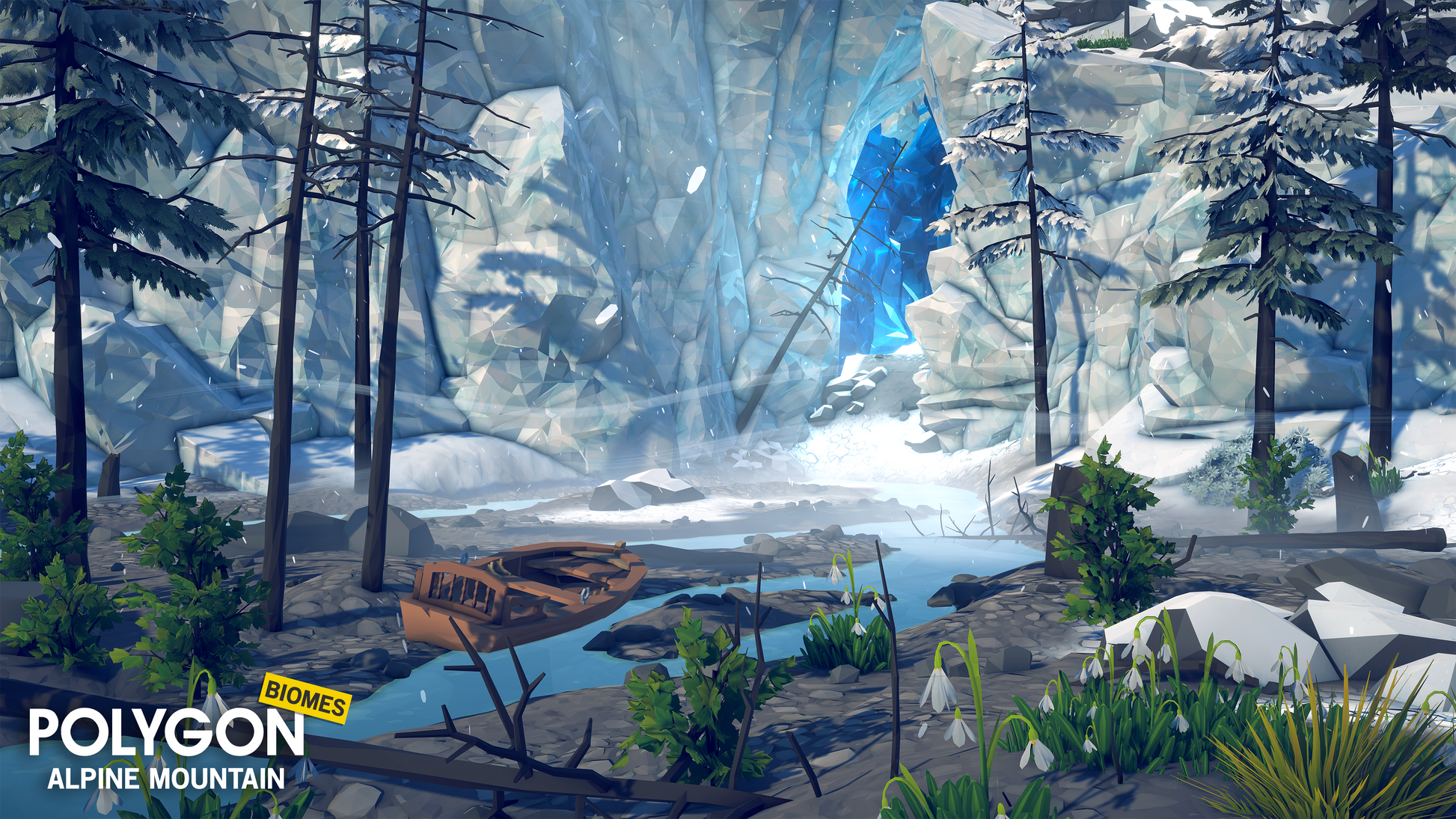 Icy cave blowing wind over a small pond desinged with POLYGON Alpine Mountain game assets