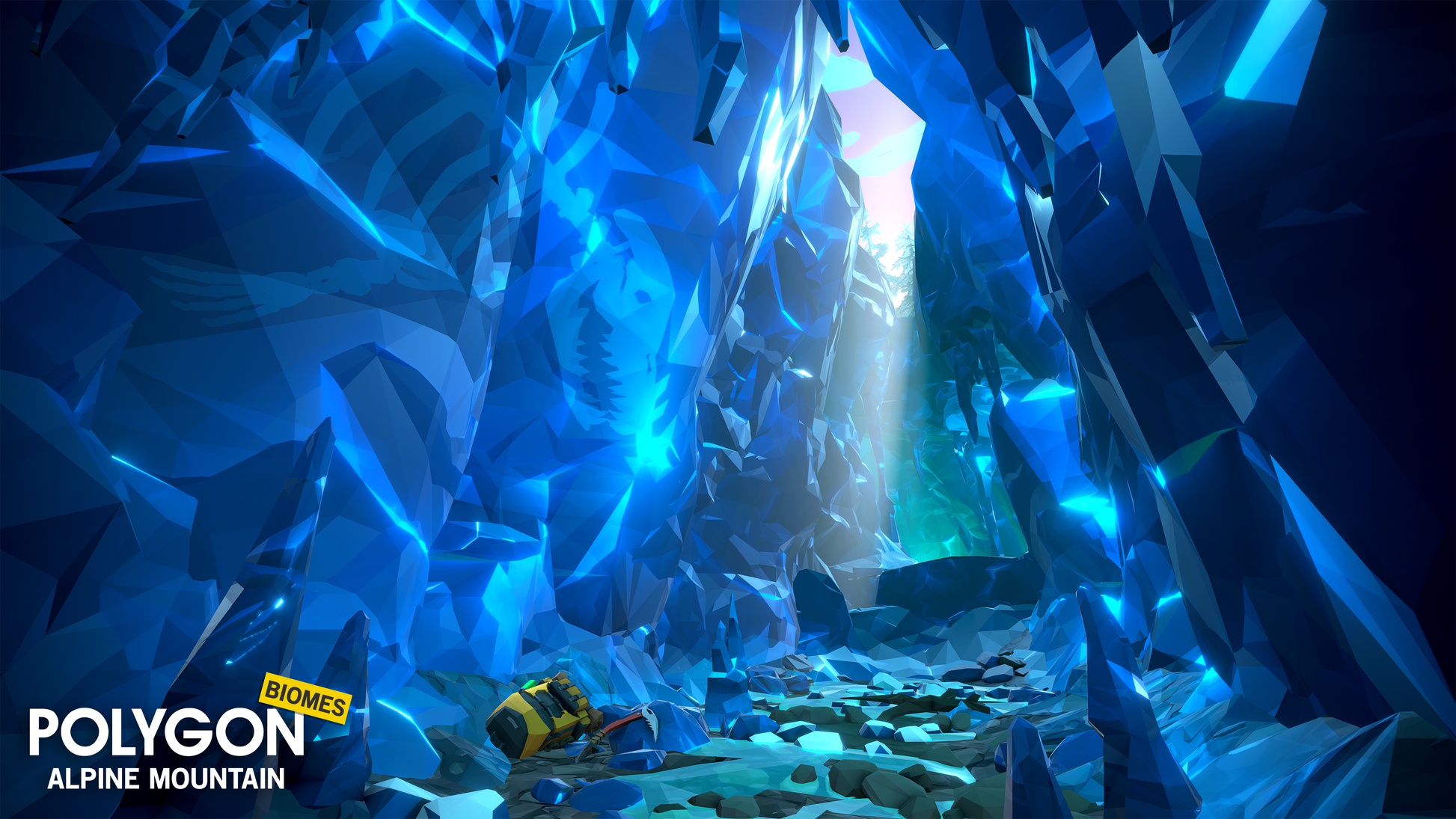 Icy cave with light coming through the cave ceiling built with POLYGON Alpine Snow game asets