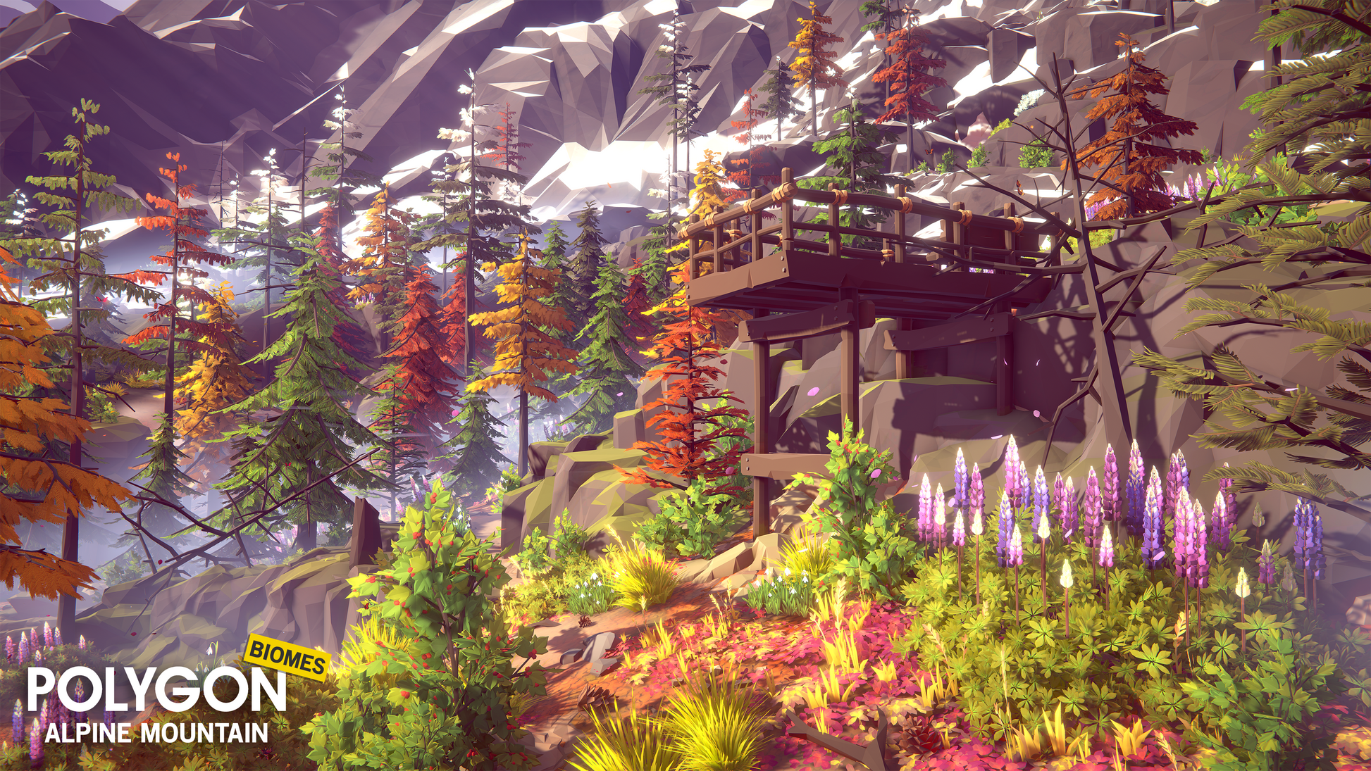 Wooden stairs leading up a mountain out of a forest designed with the POLYGON Alpine Mountain game asset pack