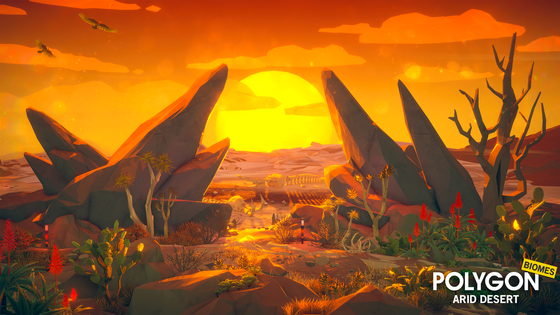 Sunset map design in the desert built with components from the POLYGON arid desert asset pack