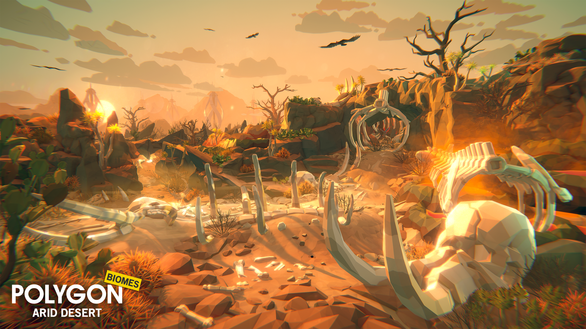 Bones, trees, fires and wildlife examples from the POLYGON arid desert asset pack