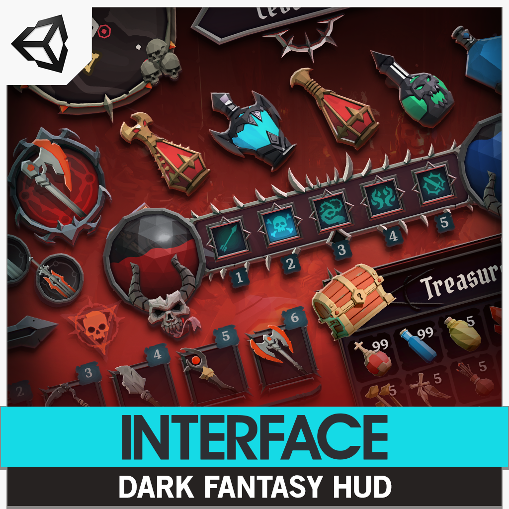 Dark fantasy user interface elements on a red background from the Interface 3D asset pack