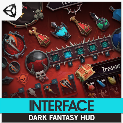 Dark fantasy user interface elements on a red background from the Interface 3D asset pack