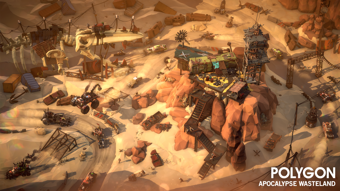 Aerial view of a Desert Anarchists base built on rocks, giant skeletons and scrap metal with wind buggy, apocalyptic kitted classic cars and monster trucks racing around the perimeter