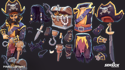 Set of pirate-themed character creator parts and accessories on a dark background with Sidekick branding.