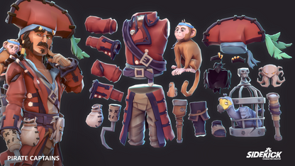 Pirate captain character with interchangeable parts on a dark background